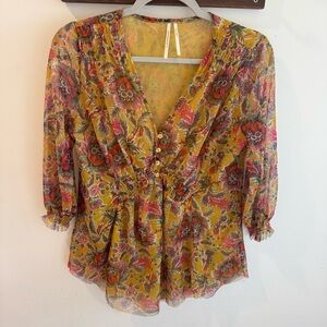 Anthropologie Gretchen Sheer Floral Blouse Mustard Yellow Small